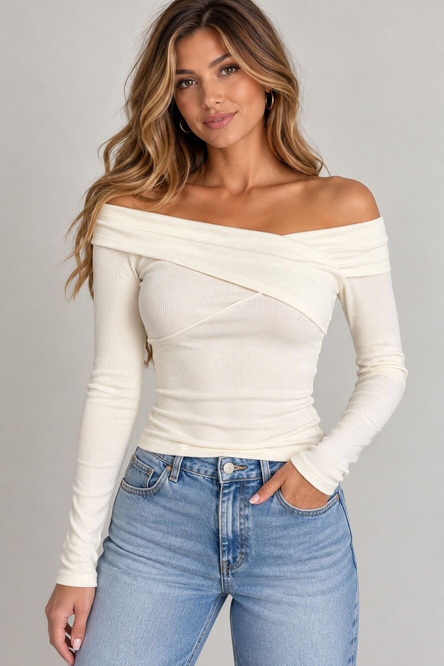 Abercrombie & Fitch Women’s Small Ivory Ribbed Off Shoulder Wrap Long Sleeve Top